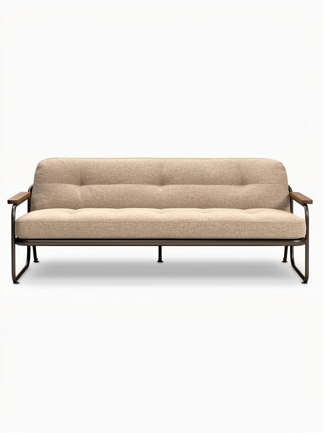 ** Moderner zweisitziger Sofa mit Holz- und Metallrahmen, gepolstert in neutralem Stoff.